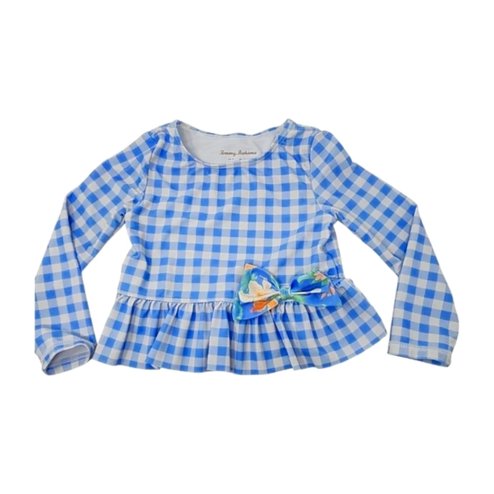 Tommy Bahama Swim Set Rash Guard Shirt 2T Blue Check Bow Long Sleeves